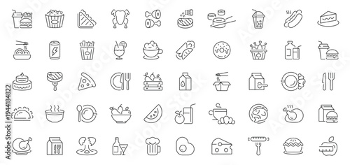 Food and beverage icons set. editable line icons, outline, culinary and dining symbols