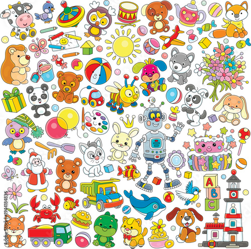 Colorful cute children’s toys and objects for little boys and girls, a set of vector cartoon illustrations on a white background