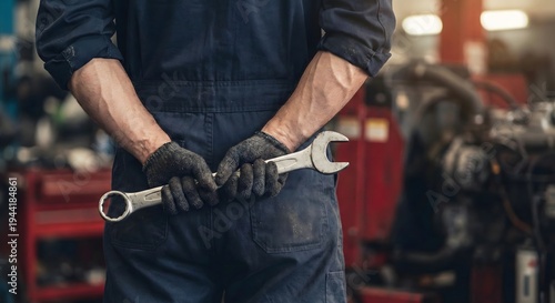 Adult White man truck mechanic in blue coveralls and work gloves holding a large combination wrench in front of a heavy vehicle engine, industrial truck maintenance concept