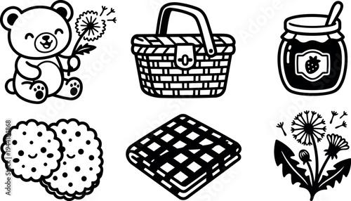 Cute smiling teddy bear holding dandelion flowers with woven picnic basket jar of strawberry jam cookies and checkered picnic blanket vector set