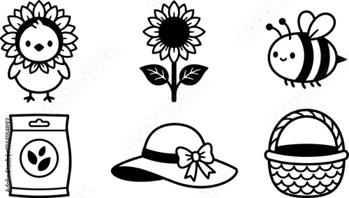 Cute sunflower chick bee seed packet sun hat and basket black line art vector icons set