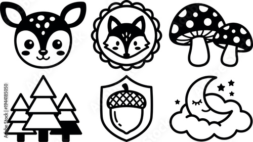 Cute woodland animals forest elements including smiling deer head fox face framed two spotted mushrooms pine trees acorn shield and crescent moon sleeping on cloud simple black line vector art