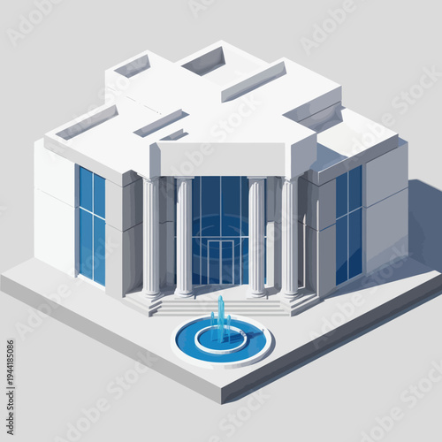 White 3D Building Model with Fountain.