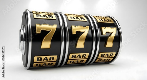 3D render of winning slot machine reels with golden seven and bar symbols on a white background for casino gambling and jackpot concept indoors with bright studio lighting and metallic finish.