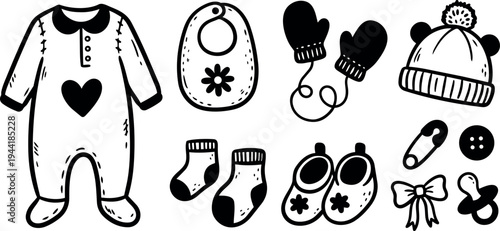 Hand drawn baby clothing set with heart decorated romper mittens socks bib hat slippers pacifier and safety pin black line art isolated