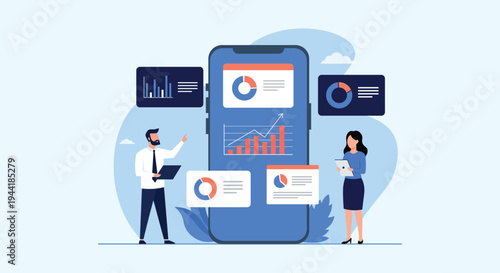 Mobile Business Analytics Dashboard with Data Charts – Digital Marketing Analysis Flat Vector Illustration