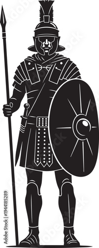 An Ancient Roman soldier stands ready for battle, holding a spear and shield, depicted in a stylized black and white illustration