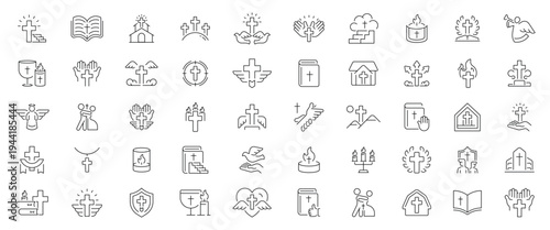 Christian religion icons set. editable line icons, outline, faith and worship symbols