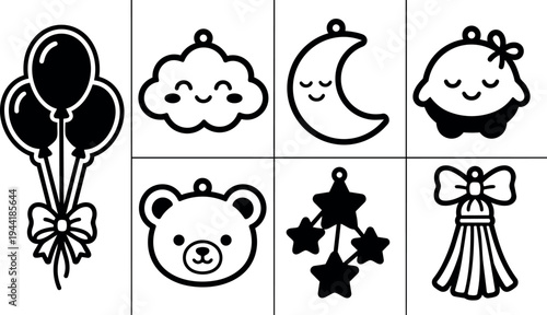 Cute smiling cloud moon bear and baby face with balloon star and bow icons in simple black line art style