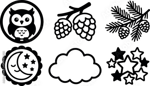 Minimalist black and white vector icons featuring owl pine cones pine branch crescent moon cloud and cluster of stars simple nature themed design set