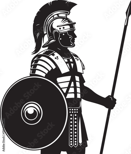 Bold silhouette of an ancient warrior, featuring a traditional helmet, strong shield, and long spear, symbolizing the historical power, courage, and steadfast protection