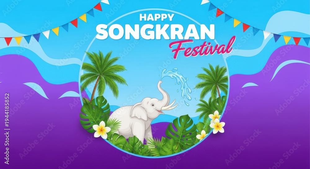 Obraz premium Happy songkran festival celebration with elephant and tropical elements