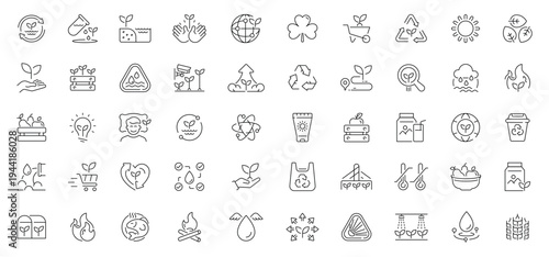 Organic and eco icons set. line, editable, sustainability and green symbols
