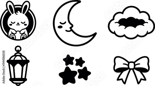 Black and white vector icons of sleeping bunny moon cloud lantern stars and decorative bow in simple outline style