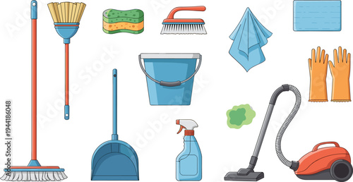 Household Cleaning Tools Collection Vector Illustration Featuring Broom, Mop, Bucket, Sponge, Brush, Spray Bottle, Vacuum Cleaner and Rubber Gloves
