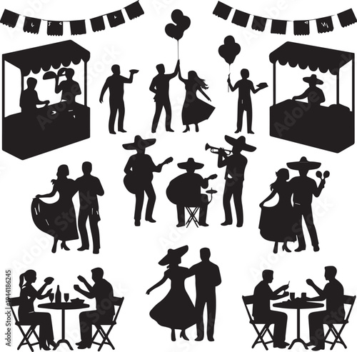 Cinco de mayo festival vector silhouette illustration, line art of people celebrating mexican holiday