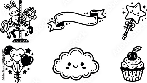 Cute black and white line art carousel bunny riding horse smiling cloud magic wand heart balloons cupcake with cherry illustration set