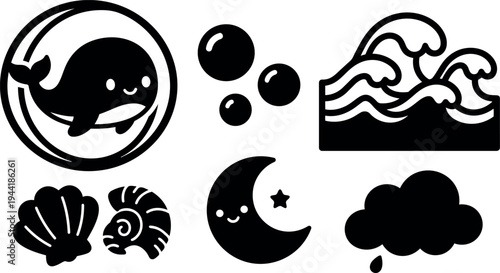 Cute smiling whale in bubble with shells ocean waves raining cloud moon and stars ocean life icons set
