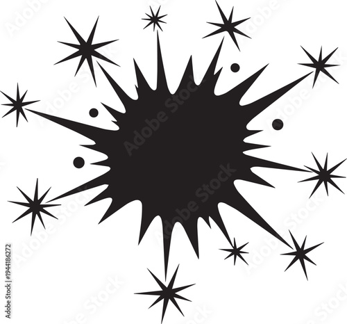 Comic book blast vector silhouette with sharp spikes and scattered stars graphic element