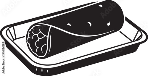 Delicious mexican burrito vector silhouette served on tray with appetizing meat filling