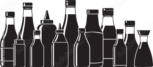 Silhouette collection of bottles, sauces and condiments vector illustration, line art