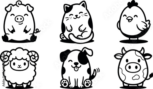 Cute black and white cartoon style happy pig cat chicken sheep dog and cow animal icons in simple illustration