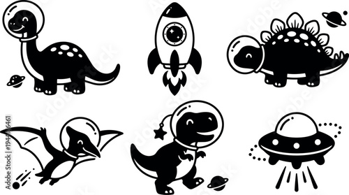 Black and white flat design vector astronauts dinosaurs with rocket and flying saucer in space cartoon style