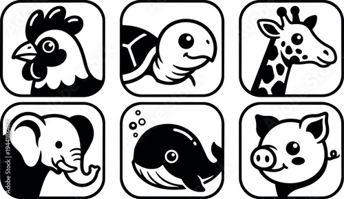 Black and white kawaii style animal icons featuring rooster turtle giraffe elephant whale and pig in square frames
