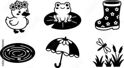 Black and white vector icons duck with flower crown frog sitting on lily pad rain boot with flower pattern umbrella and dragonfly in grass set