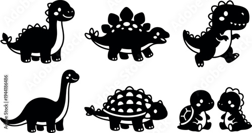 Cute black and white vector art of various smiling dinosaurs including stegosaurus brachiosaurus tyrannosaurus and turtles in cartoon style
