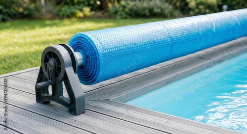 Close up of a blue solar pool cover reel on a grey composite deck in a modern backyard garden during a bright sunny day, essential swimming pool maintenance and energy saving equipment.