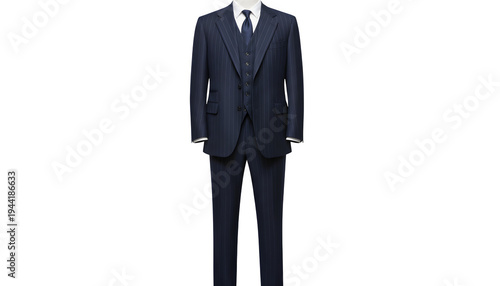 A navy blue three-piece suit with a vest and tie on a headless mannequin against a solid black background