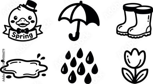 Flat design cute spring duck with bow tie and hat umbrella rain boots puddle raindrops and tulip flower icons