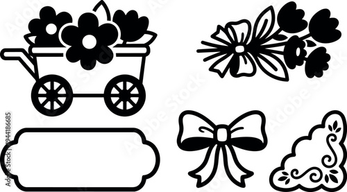 Black and white vector art of flower cart bouquet bow label and decorative corner elements in simple line style