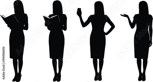 Four black silhouette women in business attire holding books and phone silhouettes dresses