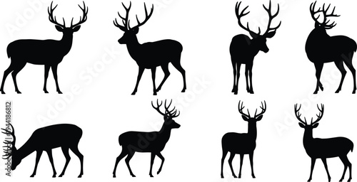 Eight black silhouette deer with antlers on a white background animal wildlife