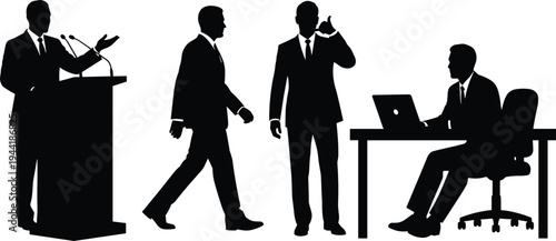 Business man silhouette set with public speaking podium walking calling and office desk work poses cad drawing flat vector illustration