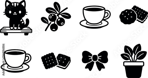 Minimalist black silhouette vector icons of cat on bench coffee cup berries bow and potted plant in simple isolated style
