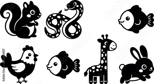 Cute black and white flat design collection of baby animals including squirrel snake fish chicken giraffe and rabbit with smiling faces