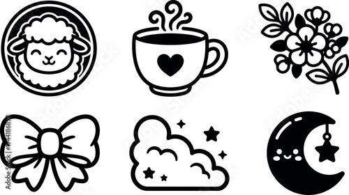 Cute smiling sheep face cup with heart steaming flower branch bow cloud with stars moon and hanging star icons set