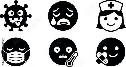 Simple black vector icons of virus emotion sick emoji with thermometer nurse smiling face and medical bandage illustration set