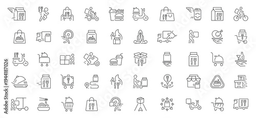 Food delivery icons set. editable line icons, outline, courier and restaurant symbols