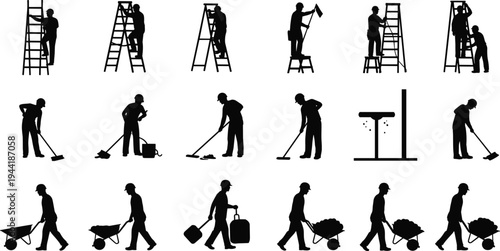 Silhouette set of maintenance workers cleaning floors, climbing ladders, painting walls, sweeping surfaces, and transporting materials with wheelbarrows isolated on white background