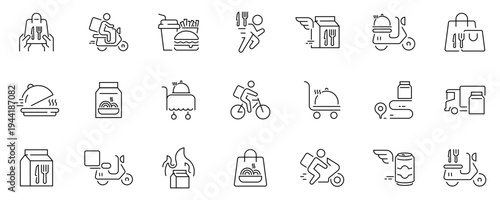 Food service icons set. editable line icons with linear dining and delivery symbols