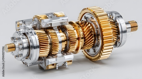 Complex mechanical gearbox differential showcases perfectly machined brass and polished steel gears set against a pristine white background.