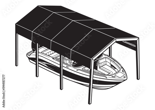 Speedboat docked under a canopy on a transparent background, boat storage and protection