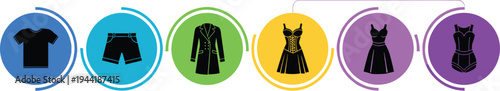 Fashion clothing icons set, t-shirt shorts coat dress bodysuit apparel design illustration collection - flavector
