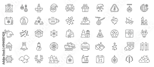 Winter holiday icons set. editable line icons, flat, snow and festive symbols