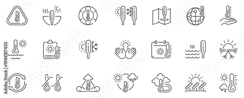 Thermo icons set. editable line icons, climate, temperature, and weather symbols