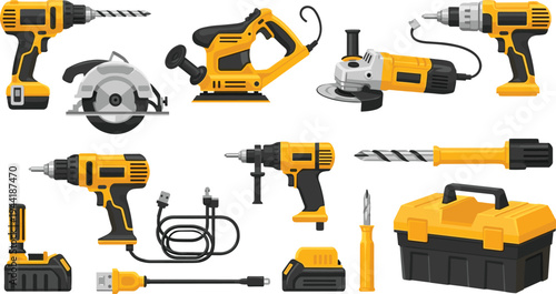 Electric Power Tools Collection Vector Illustration Featuring Cordless Drill, Circular Saw, Angle Grinder, Power Planer, Battery Charger and Toolbox Equipment